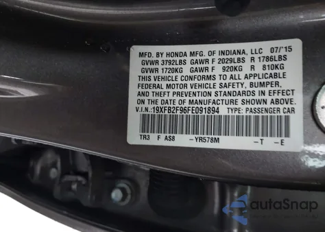 2015 Honda Civic Ex-L z USA, uszkodzony, nr VIN 19XFB2F96FE091894